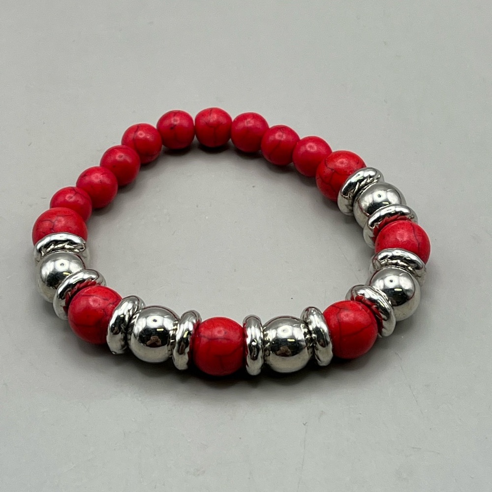 Red and Silver Stretchy Beaded Bracelet